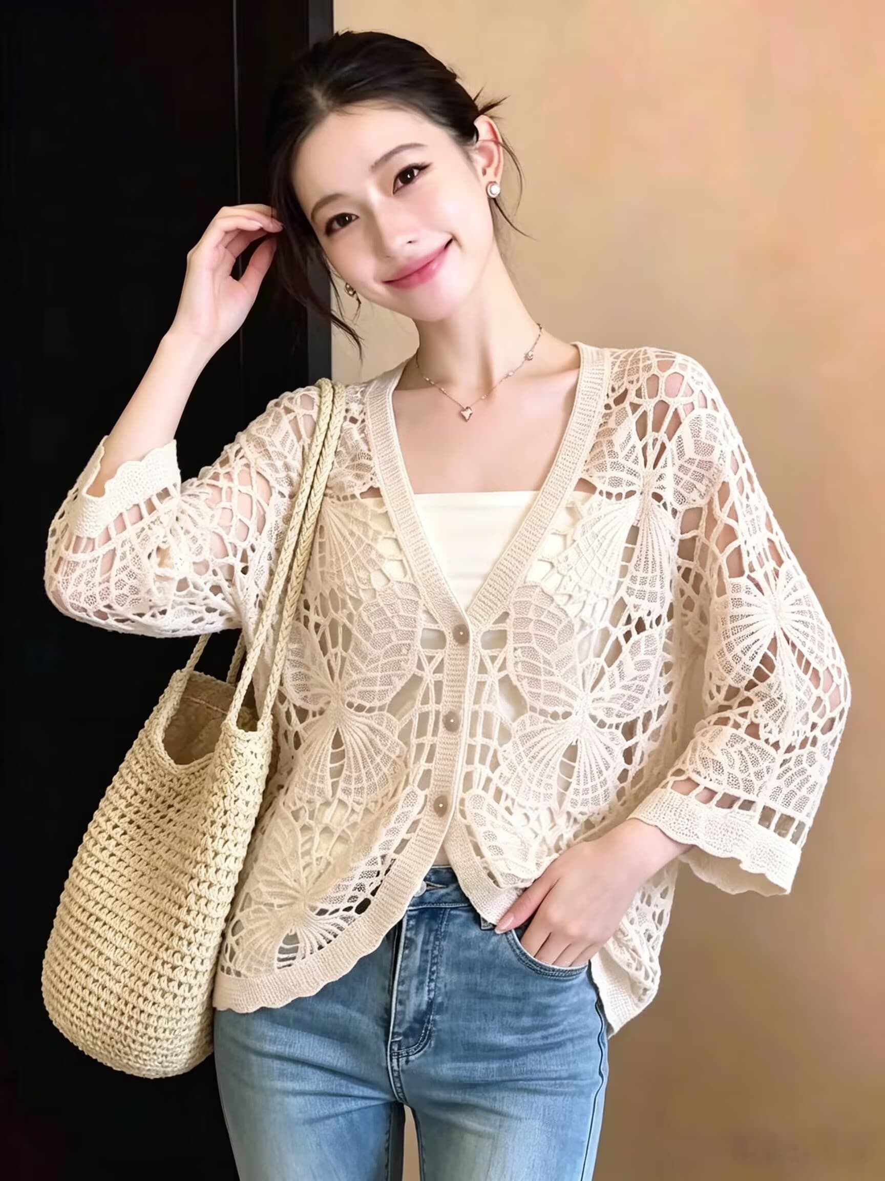 실사 프랑스식 절묘한 무거운 작업 홀로우 아웃 V넥 니트 블라우스 여름 빅 사이즈 루즈핏 슬림해 보이는 표지 고기 다용도 작은 셔츠 상세 이미지 2