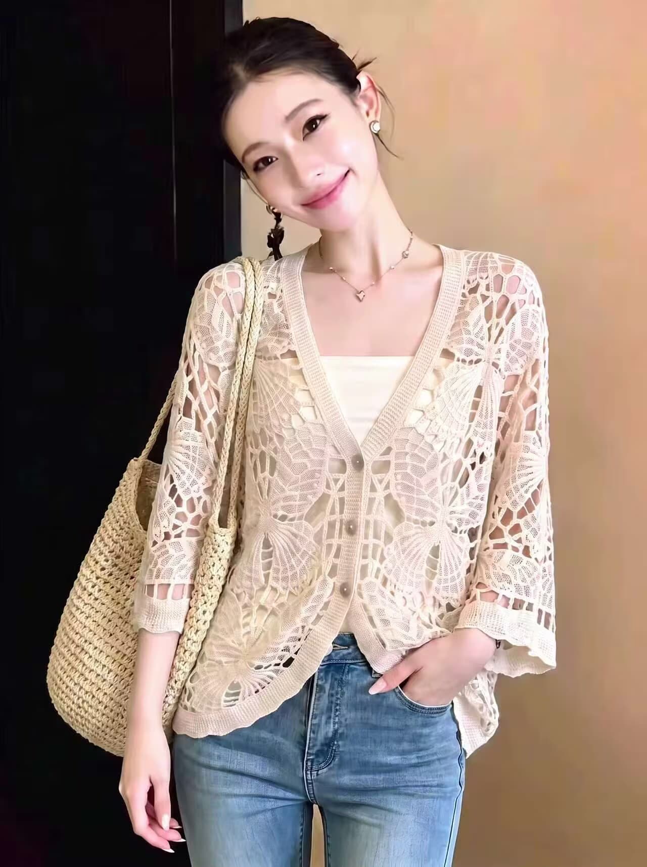 실사 프랑스식 절묘한 무거운 작업 홀로우 아웃 V넥 니트 블라우스 여름 빅 사이즈 루즈핏 슬림해 보이는 표지 고기 다용도 작은 셔츠 상세 이미지 3