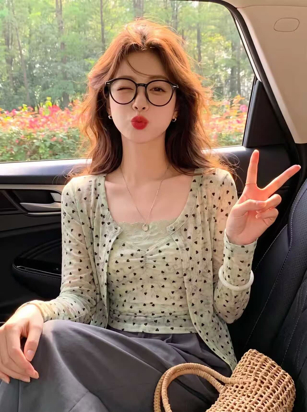 실사 순수한 욕망 바람 하트 도트 무늬 망사 투피스 세트 맨위 여성 핫걸 홀로우 아웃 쇼트 스타일 긴팔 기본 셔츠