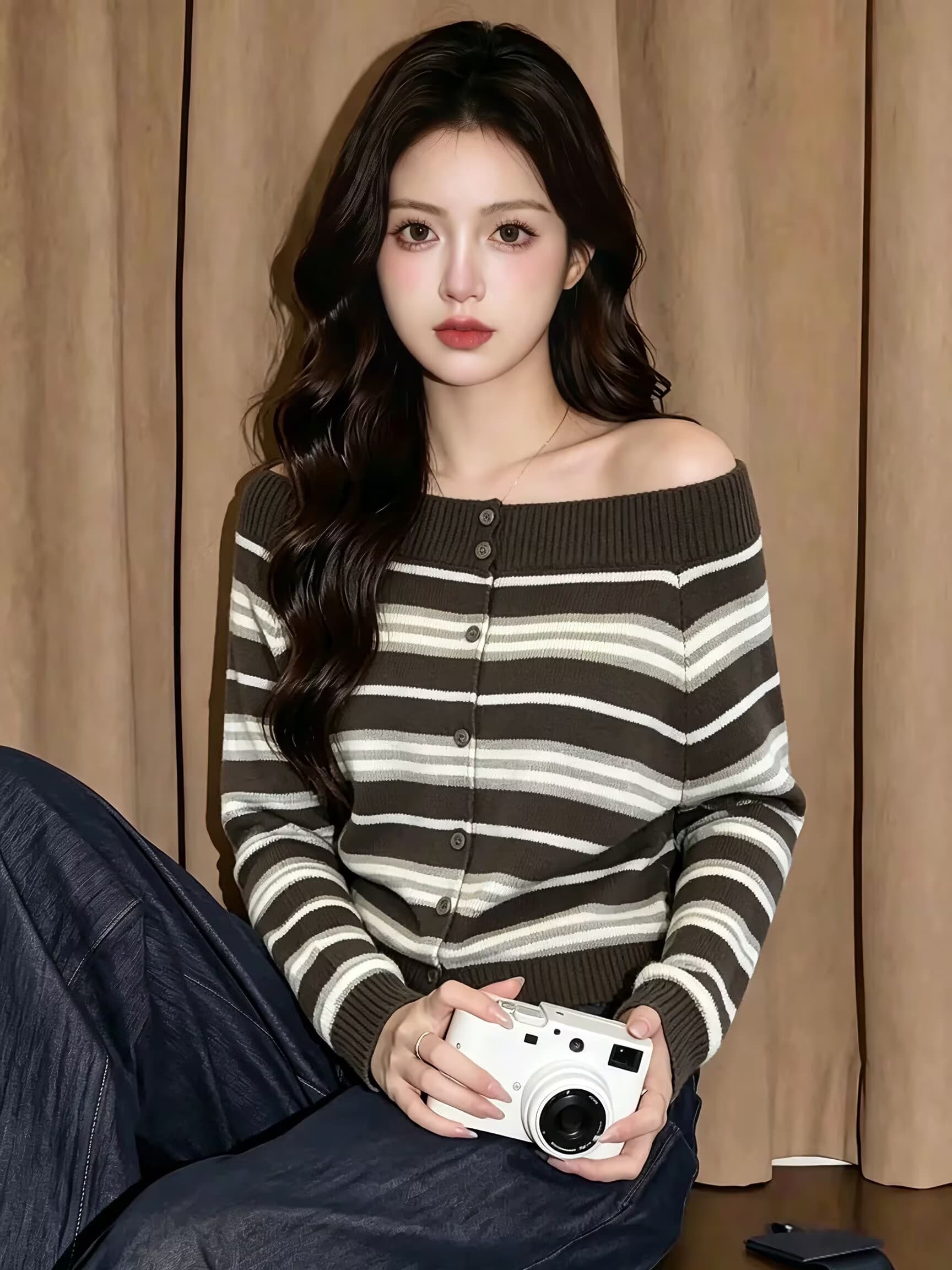 실사 배색 스트라이프 길다 소매 위버 조기 가을 2026 새로운 Chic 오프숄더 루즈핏 슬림해 보이는 맨위 스웨터 상세 이미지 1