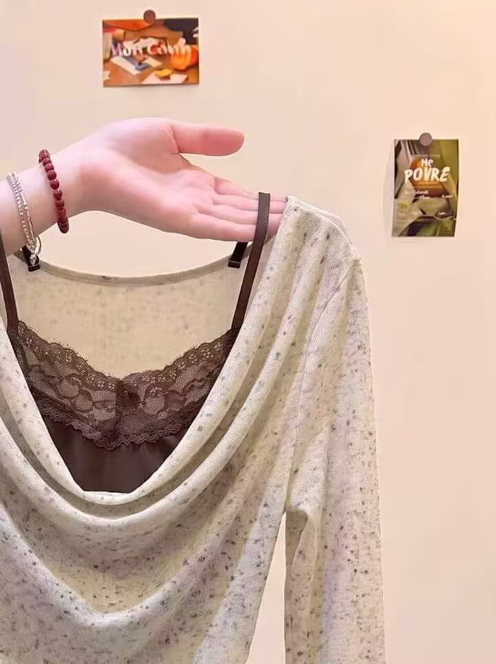 실사 한 부서 분위기 센스 흔들다 칼라 잡색 긴팔 티셔츠 여성 얇은 레이스 주름 허리 수축 슬림해 보이는 부드러운 맨위 이미지 3