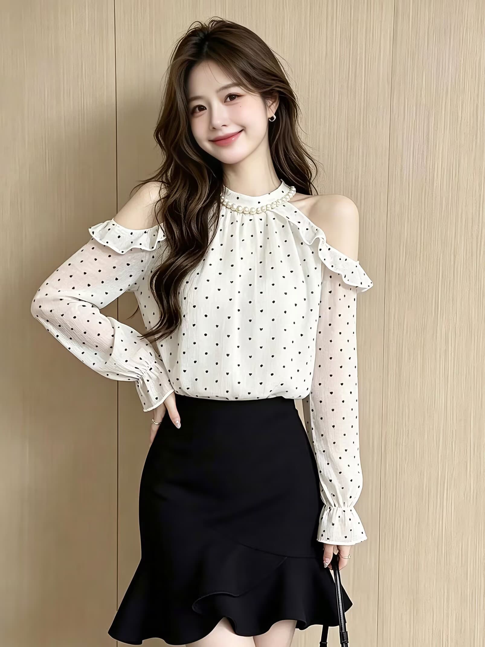실사 2026 봄 가을 새로운 프랑스식 Chic 순수한 욕망 오프숄더 슬림해 보이는 셔츠 달콤함 긴팔 맨위 상세 이미지 3