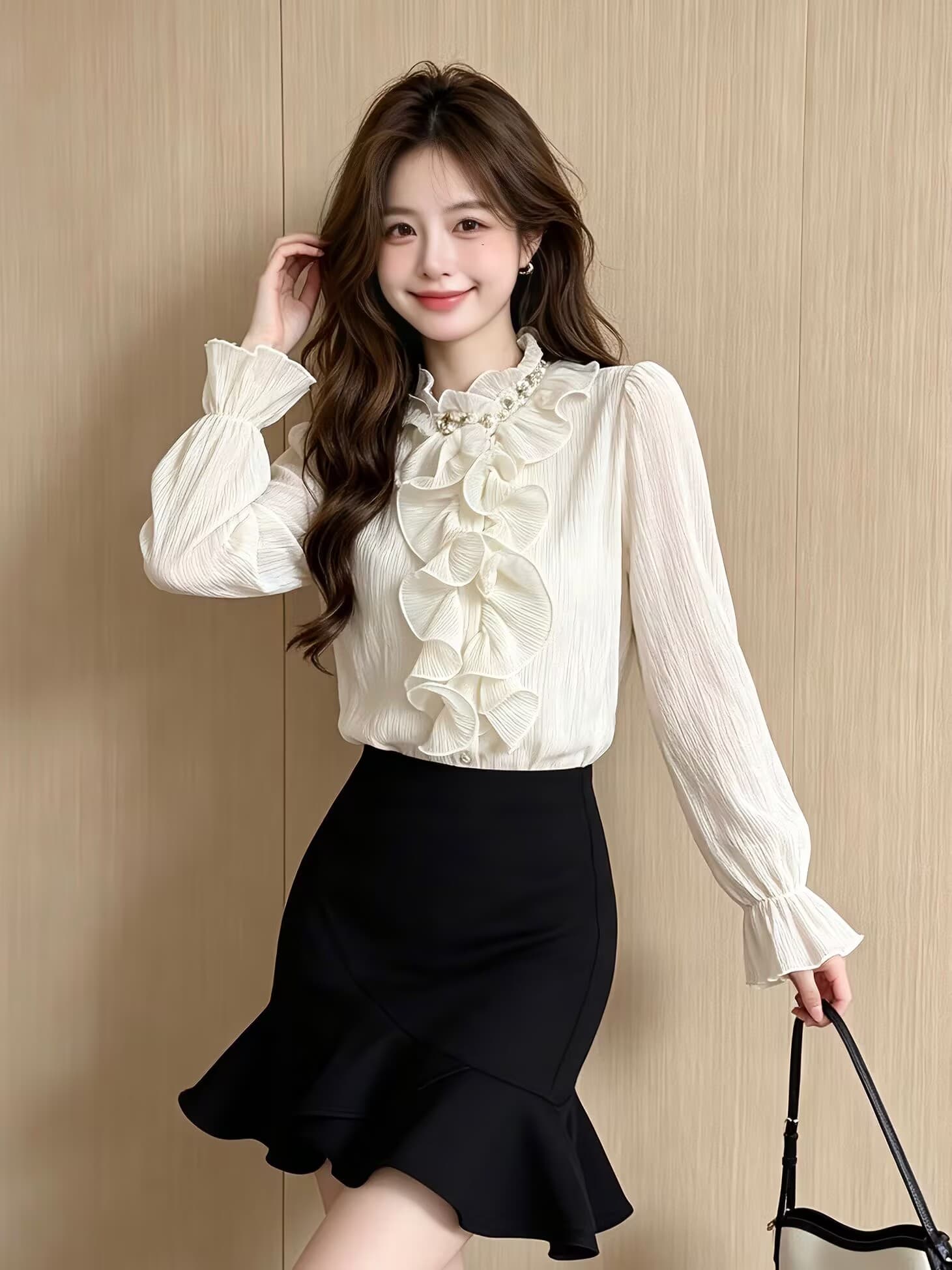 실사 가을 스타일 낭만주의 바람 프릴 스탠드 칼라 비즈 박기 패치워크 품격 셔츠 새로운 여성 빛 럭셔리 바람 작은 셔츠 이미지 2