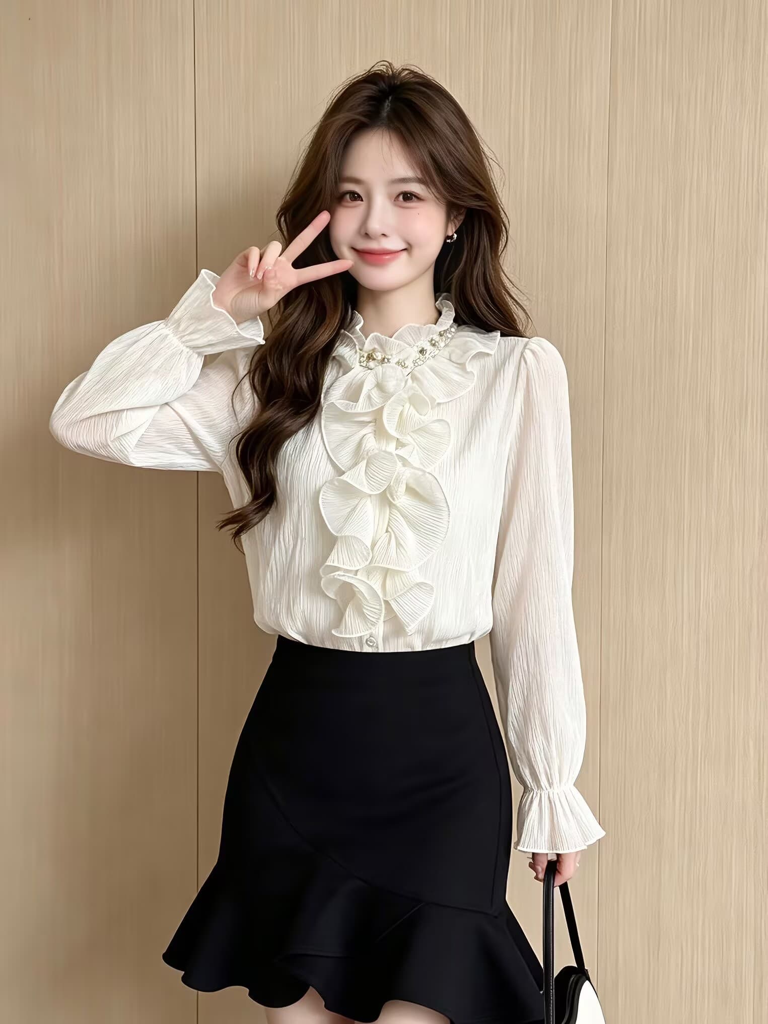 실사 가을 스타일 낭만주의 바람 프릴 스탠드 칼라 비즈 박기 패치워크 품격 셔츠 새로운 여성 빛 럭셔리 바람 작은 셔츠 상세 이미지 4
