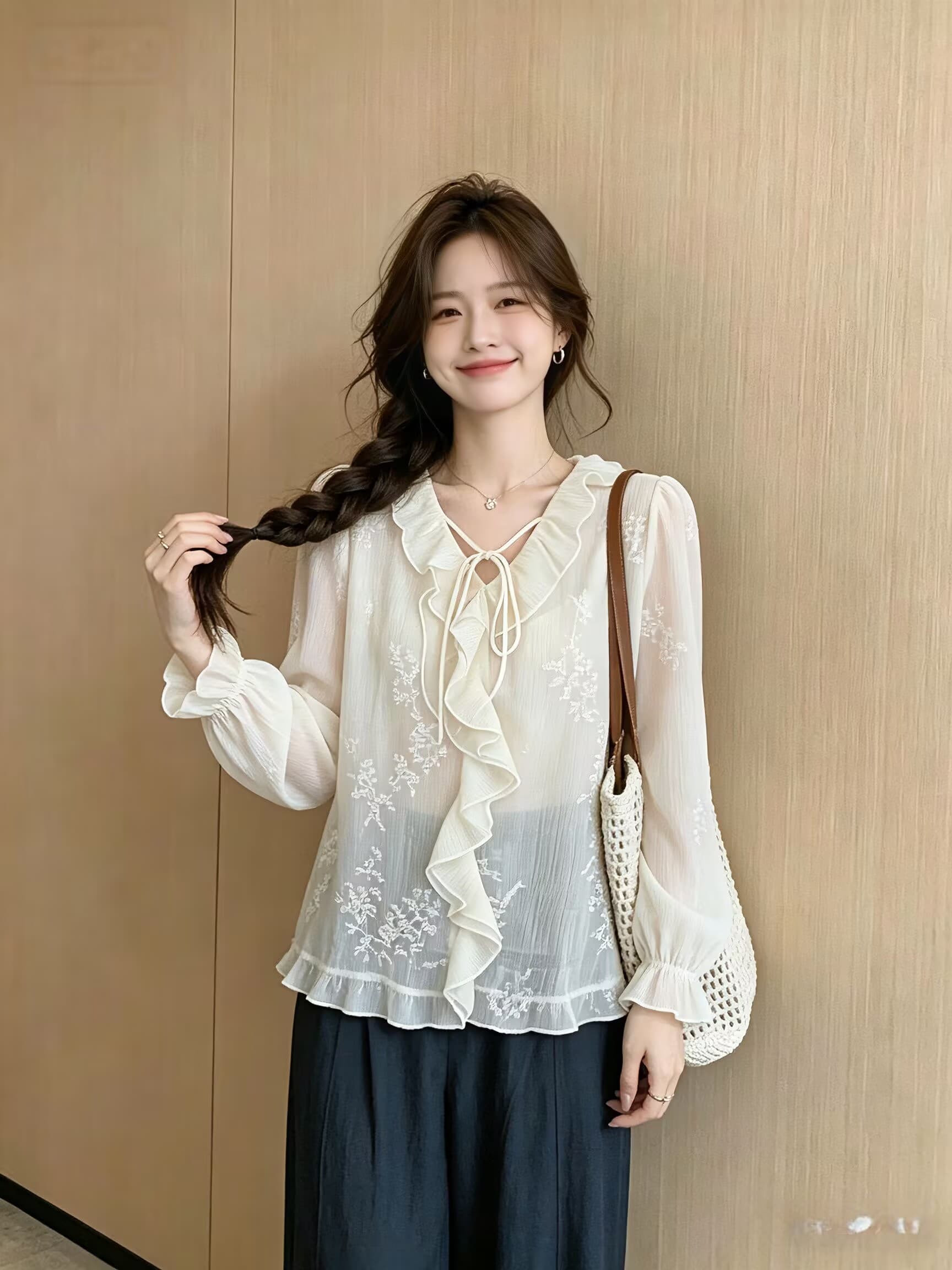 실사 레트로 부드러운 바람 프릴 나비 매듭 디자인 센스 자카드 여성 셔츠 새로운 작은 대중 슬림해 보이는 맨위 상세 이미지 3