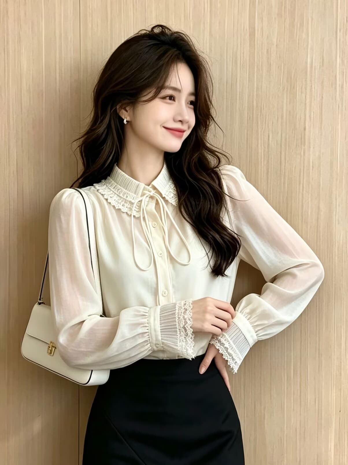 실사 프랑스식 품격 빛 럭셔리 스탠드 칼라 버블 긴팔 여성 셔츠 디자인 센스 가을 겨울 고유 한 아름다운 맨위 이미지 2
