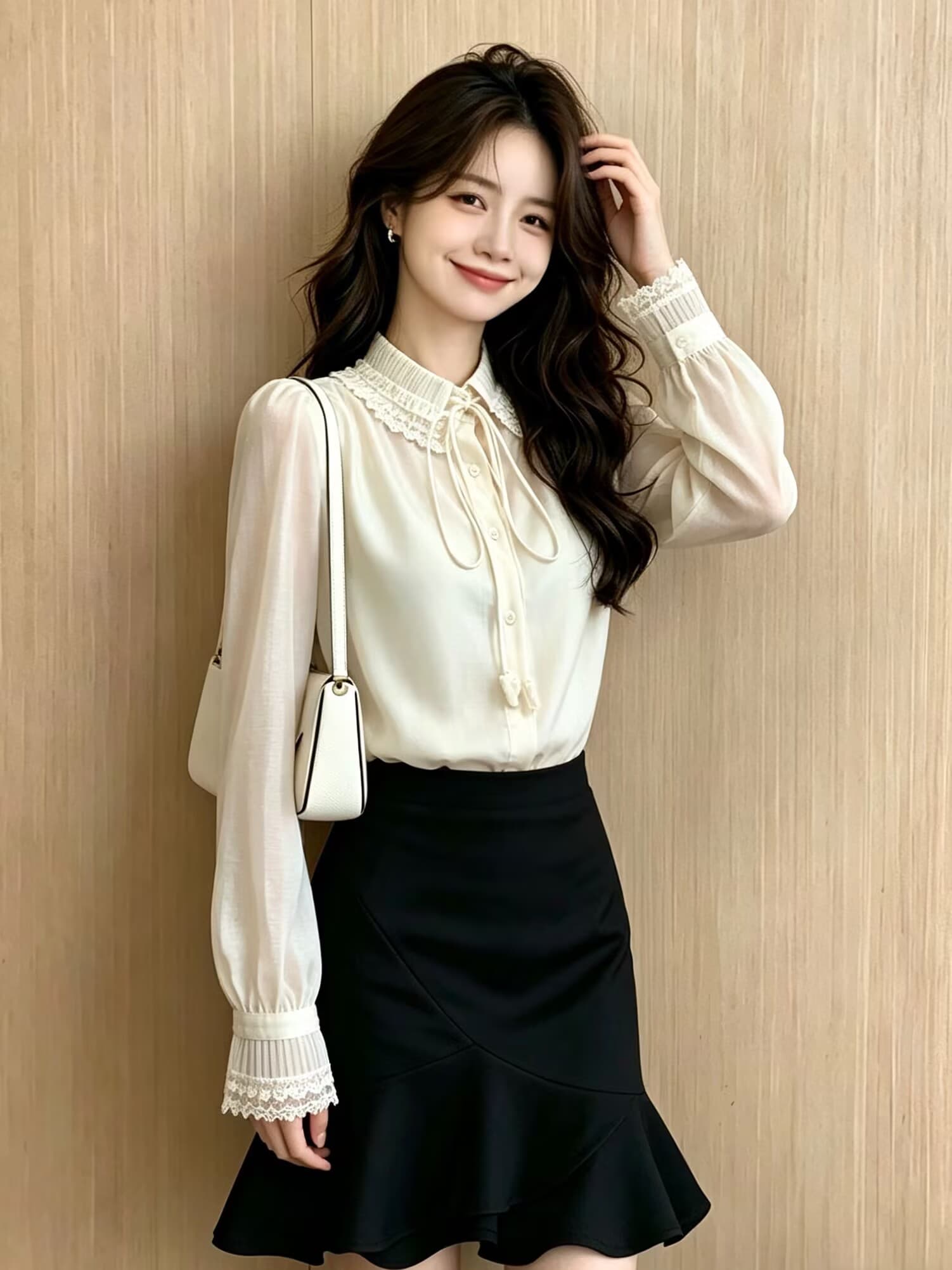 실사 프랑스식 품격 빛 럭셔리 스탠드 칼라 버블 긴팔 여성 셔츠 디자인 센스 가을 겨울 고유 한 아름다운 맨위 이미지 4