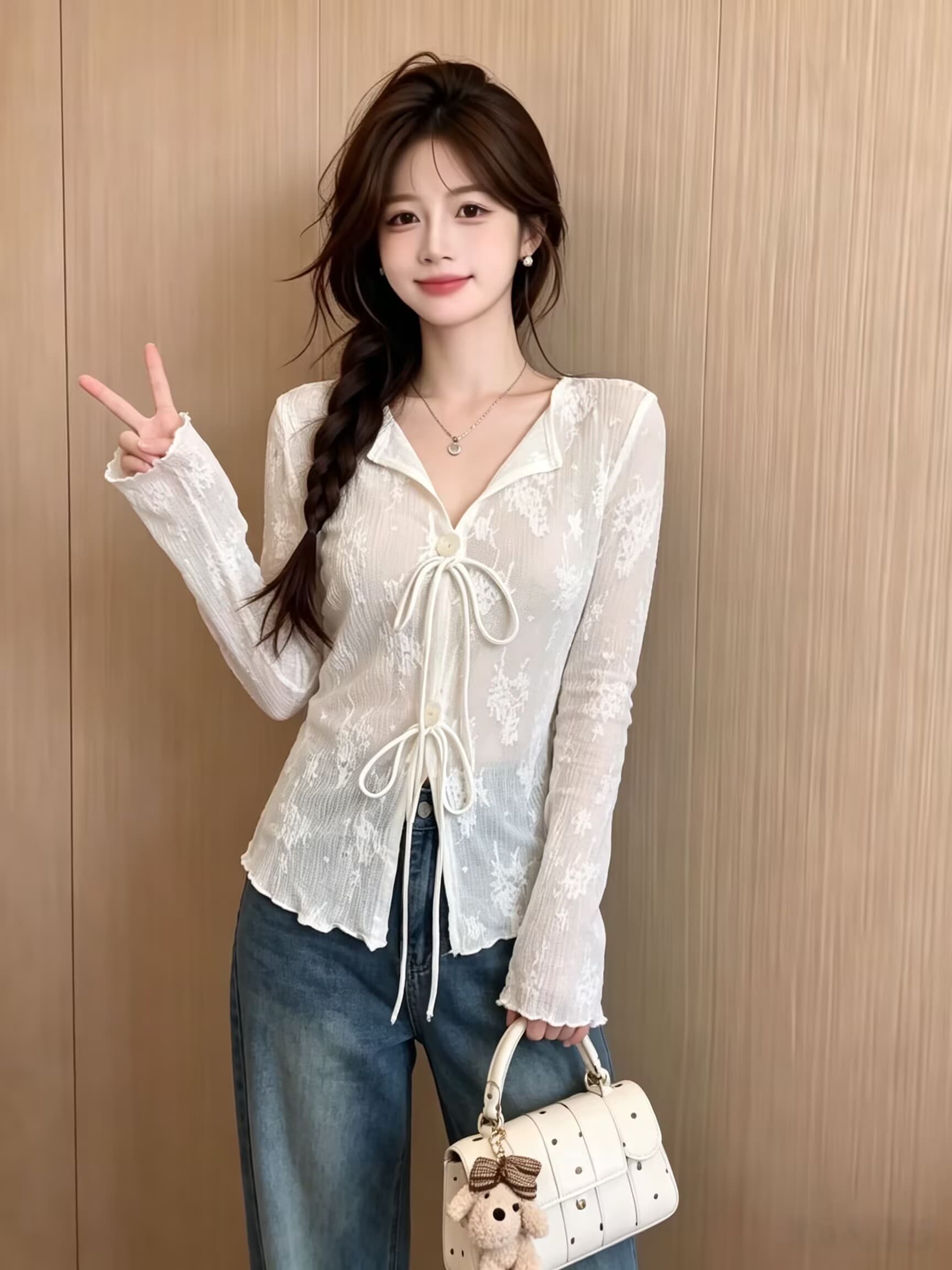 실사 2026 가을 빛 럭셔리 품격 명문 여성 바람 고급 센스 슈퍼 잘 생긴 Chic 고유 한 아름다운 레이스 맨위 상세 이미지 1