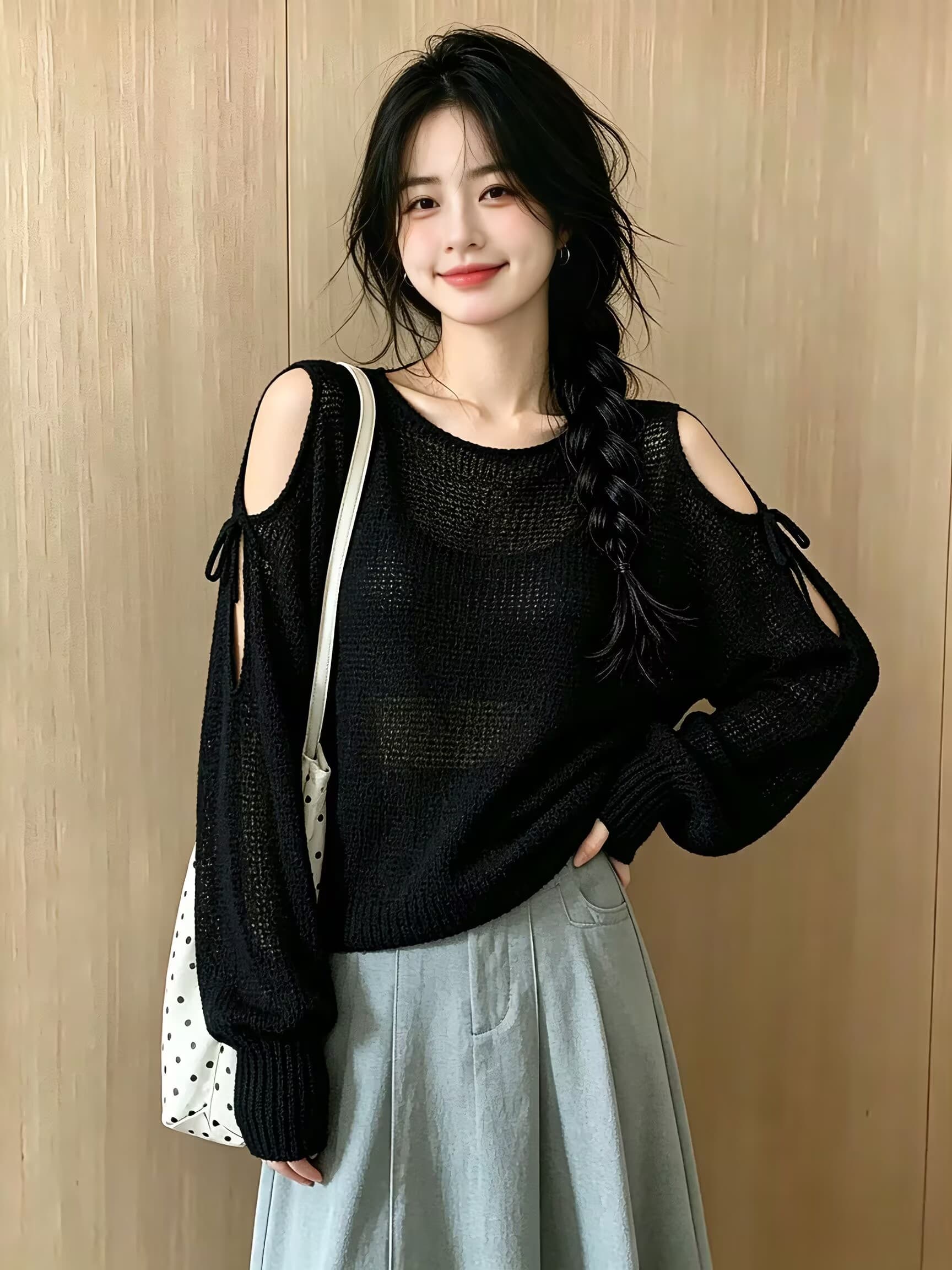 실사 이른 가을 섹시함 레이스업 오프숄더 루즈핏 얇은 스타일 긴팔 니트 스웨터 맨위 여성 이미지 2