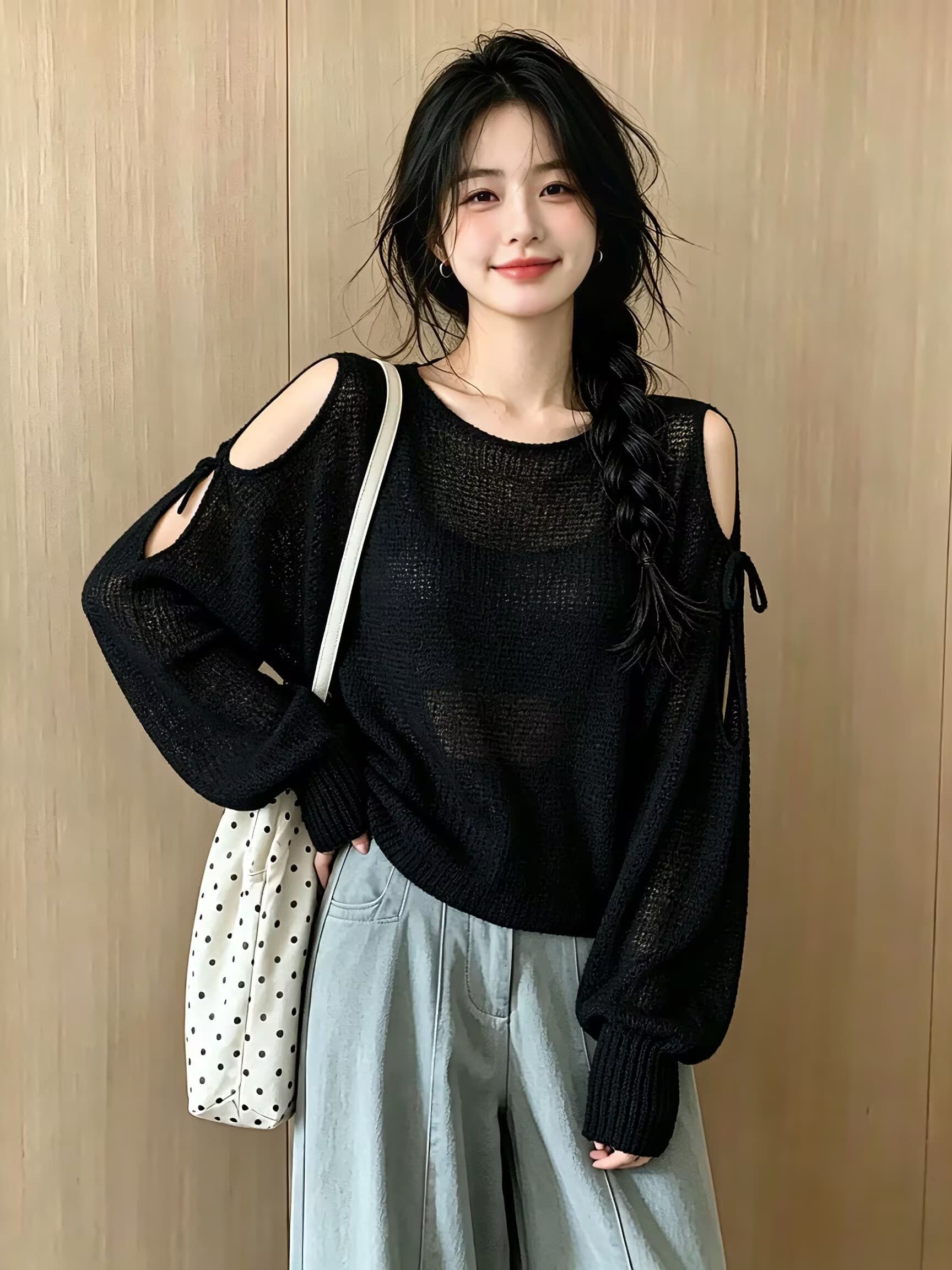 실사 이른 가을 섹시함 레이스업 오프숄더 루즈핏 얇은 스타일 긴팔 니트 스웨터 맨위 여성 이미지 4