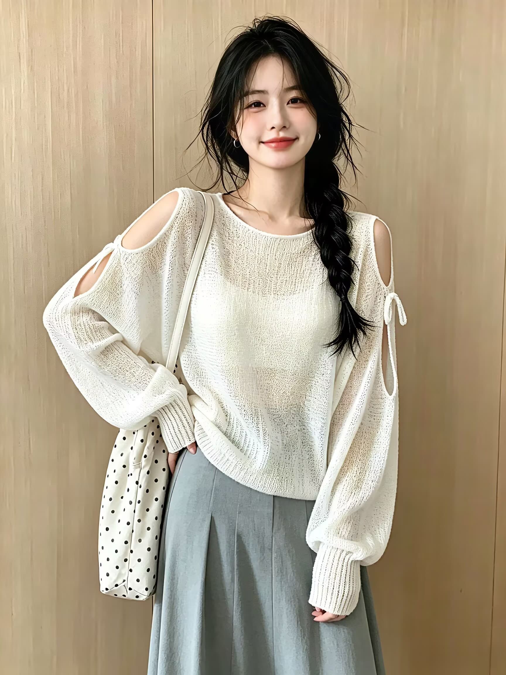 실사 이른 가을 섹시함 레이스업 오프숄더 루즈핏 얇은 스타일 긴팔 니트 스웨터 맨위 여성 상세 이미지 1