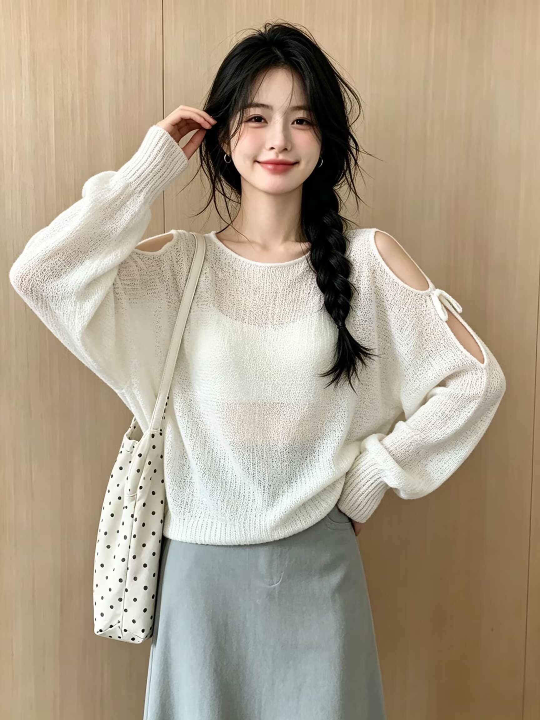 실사 이른 가을 섹시함 레이스업 오프숄더 루즈핏 얇은 스타일 긴팔 니트 스웨터 맨위 여성 상세 이미지 5