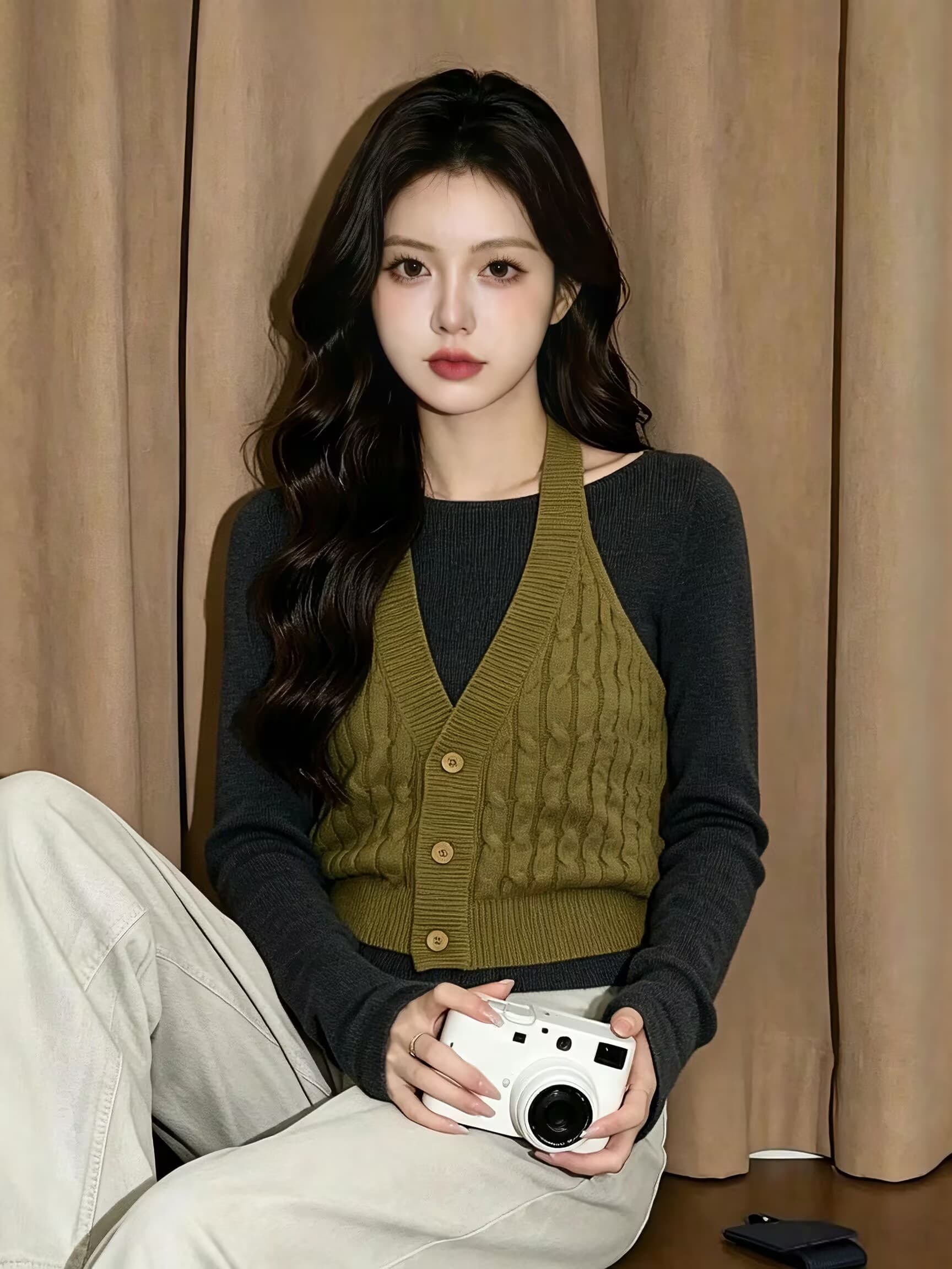 실사 2026 가을 새로운 투피스 세트 미니멀리즘 다용도 니트 스웨터 행침 목 니트 베스트 사실 투피스 세트 상세 이미지 3