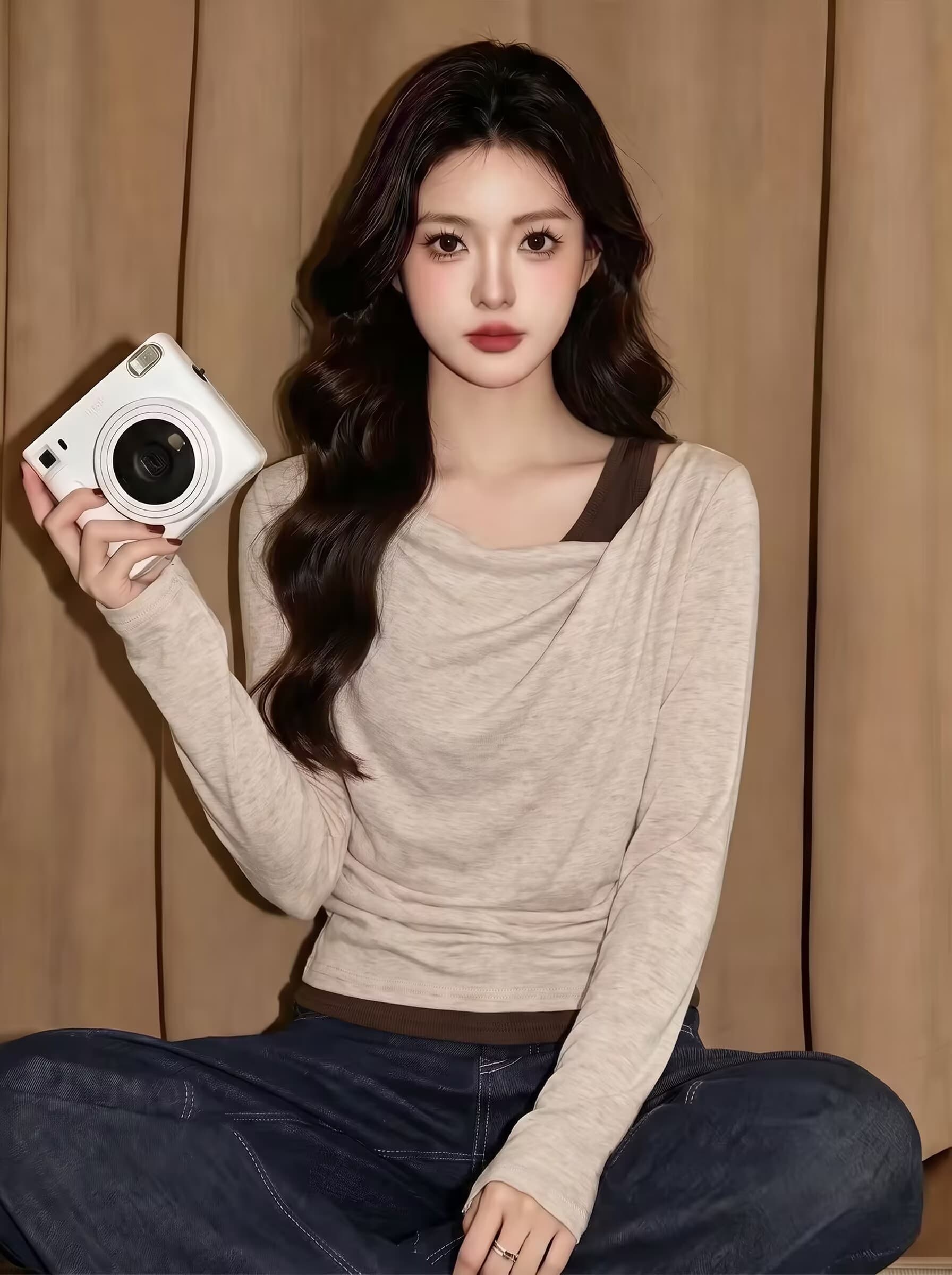 실사 순수한 욕망 바람 비스듬한 칼라 디자인 페이크 레이어드 긴팔 티셔츠 여성 가을 새로운 불규칙 허리 수축 몸매 가꾸기 맨위 이미지 3