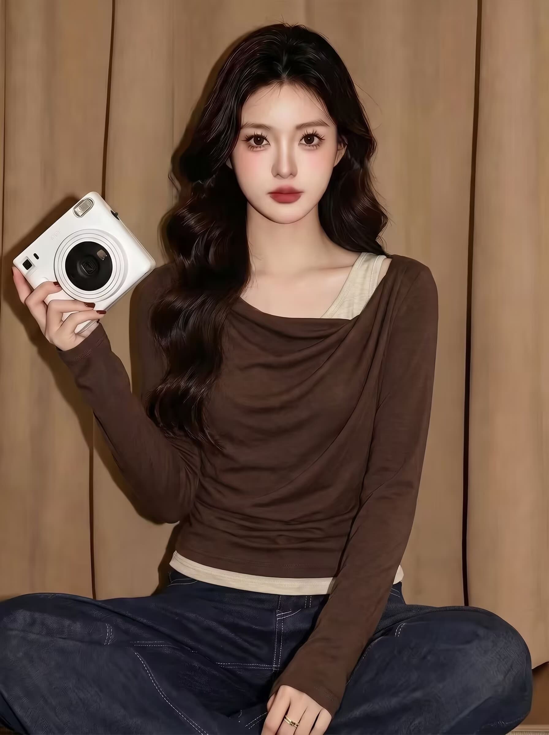 실사 순수한 욕망 바람 비스듬한 칼라 디자인 페이크 레이어드 긴팔 티셔츠 여성 가을 새로운 불규칙 허리 수축 몸매 가꾸기 맨위 이미지 2
