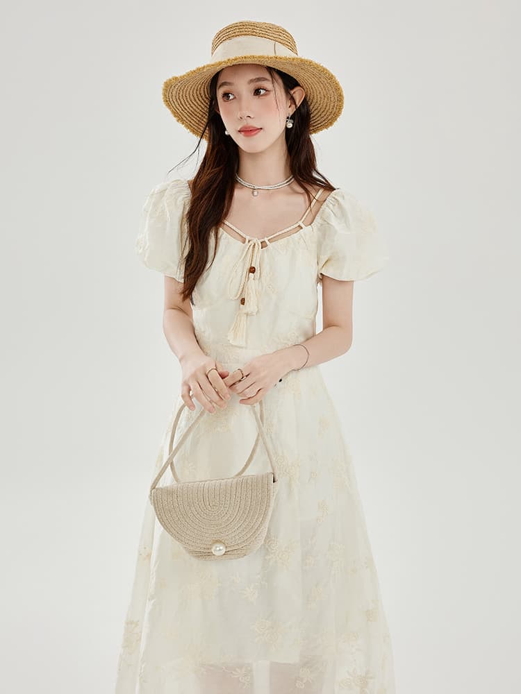 거품 소매 여성 드레스 여름 작은 키 허리 수축 슬림해 보이는 품격 화이트 리프트 꽃차 휴식 무거운 작업 자수 롱 스커트 이미지 2