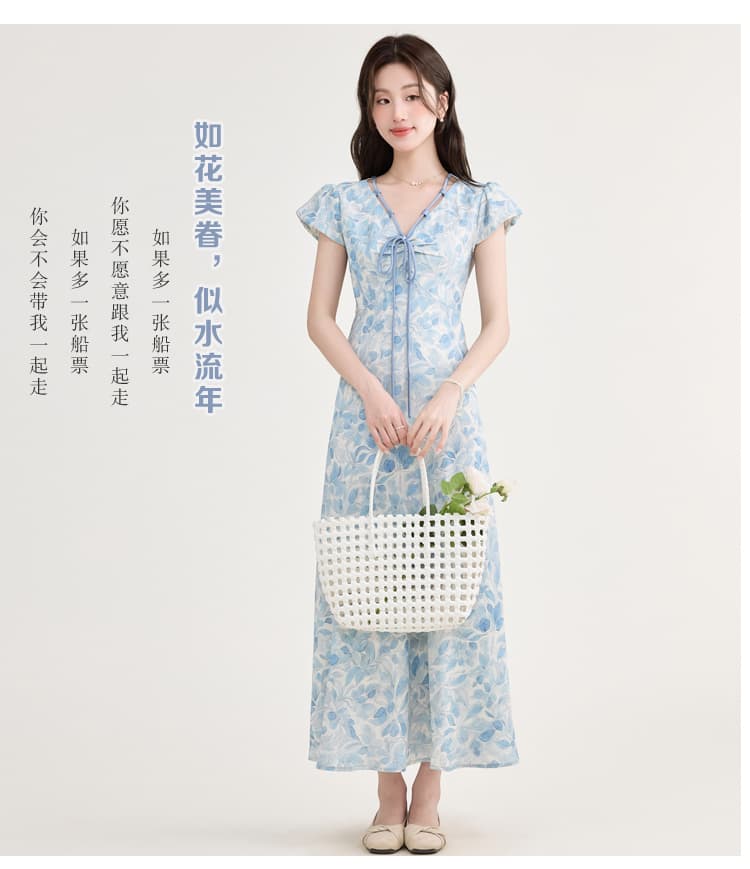 여름 휴가 바람 새로운 한 마디 허리 수축 우아함 품격 디스플레이 화이트 파란색 프린트 프랑스식 반팔 드레스 상세 이미지 1