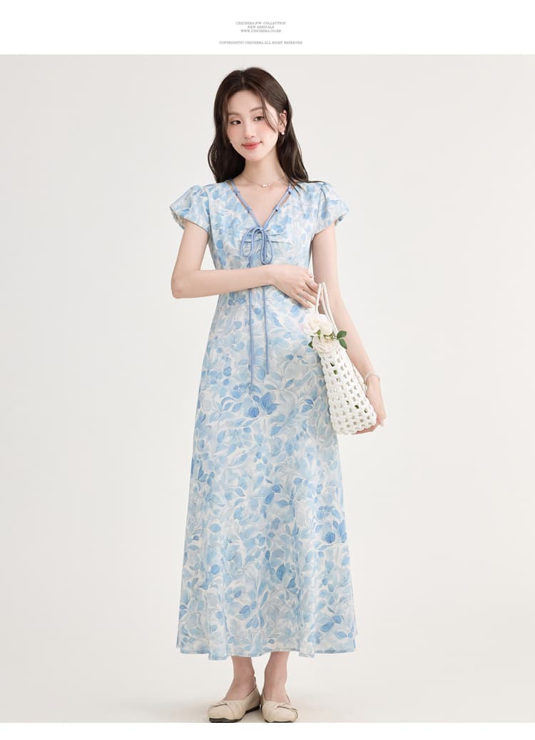 여름 휴가 바람 새로운 한 마디 허리 수축 우아함 품격 디스플레이 화이트 파란색 프린트 프랑스식 반팔 드레스 상세 이미지 14