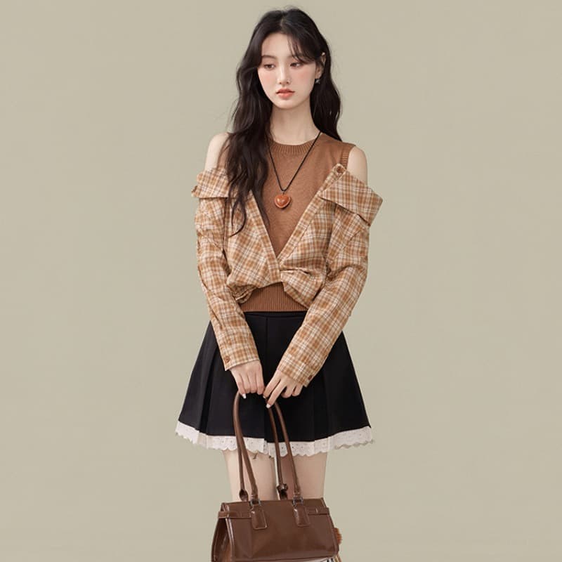 프랑스식 레트로 디자인 센스 니트 페이크 레이어드 격자 무늬 셔츠 가을 한 부서 오프숄더 짧은 맨위 봄 착용 가져 가라. 이미지 6