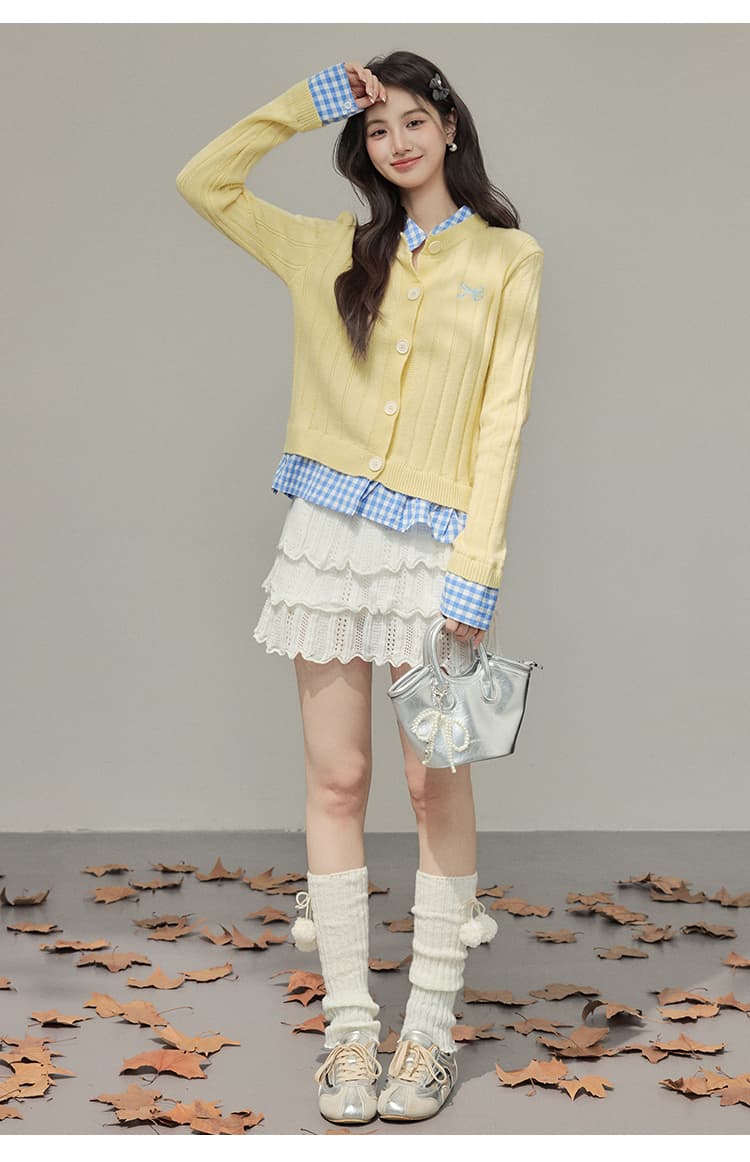 다용도 캐주얼 배색 아메리칸 레트로 오픈 가디건 체크무늬 패치워크 페이크 레이어드 스웨터 맨위 재킷 상세 이미지 13