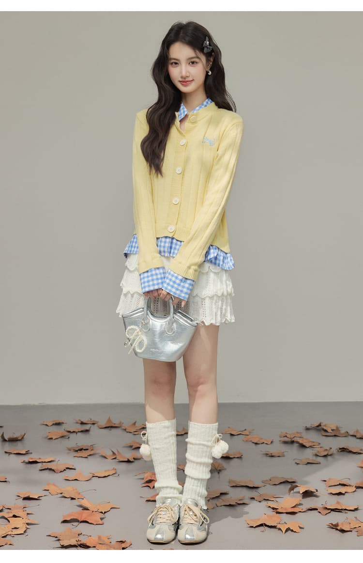 다용도 캐주얼 배색 아메리칸 레트로 오픈 가디건 체크무늬 패치워크 페이크 레이어드 스웨터 맨위 재킷 상세 이미지 15