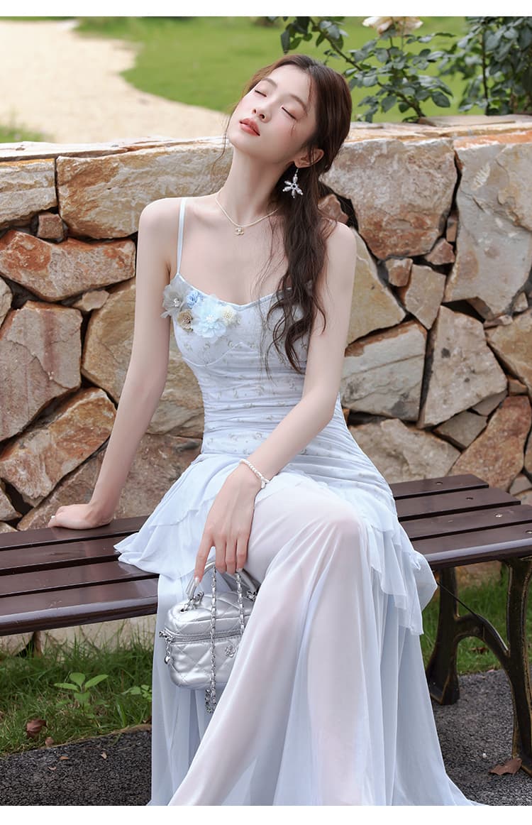 파란색 슬립 여성 드레스 여름 새로운 슈퍼 잘 생긴 ~ 중 망사 꽃무늬 패치워크 슬립 드레스 상세 이미지 12