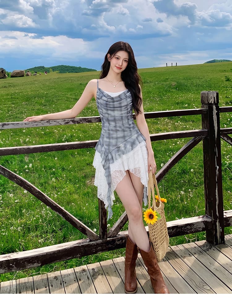 추안 웨스트 초원 운남 관광 파란색 슬립 여성 드레스 여름 아름다운 꼬집기 허리 불규칙 미니 스커트 세트
