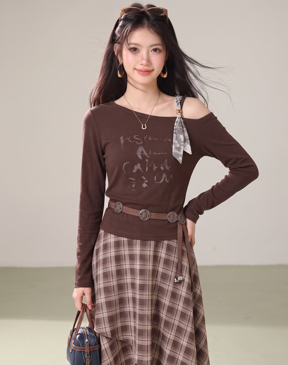 출퇴근 품격 오프숄더 디자인 센스 맨위 경기 하이웨이스트 품격 체크무늬 반신 스커트 도루 센스 불규칙 반 스커트 이미지 3