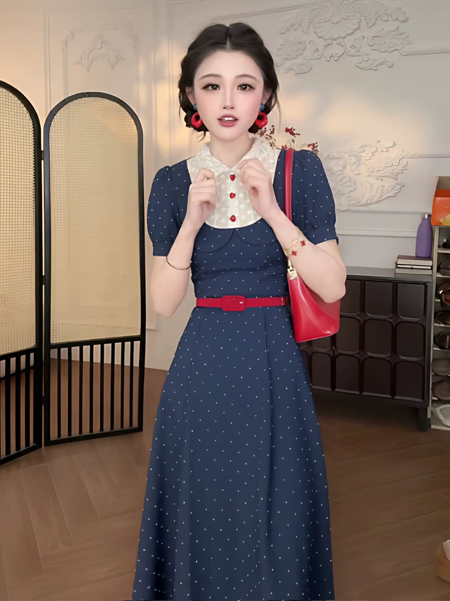 작은 여덟 맞춤 스타 가을 공주 초여름 프랑스식 여성 드레스 허리 수축 레이스 조각 파란색 도트 무늬 롱 스커트 이미지 2