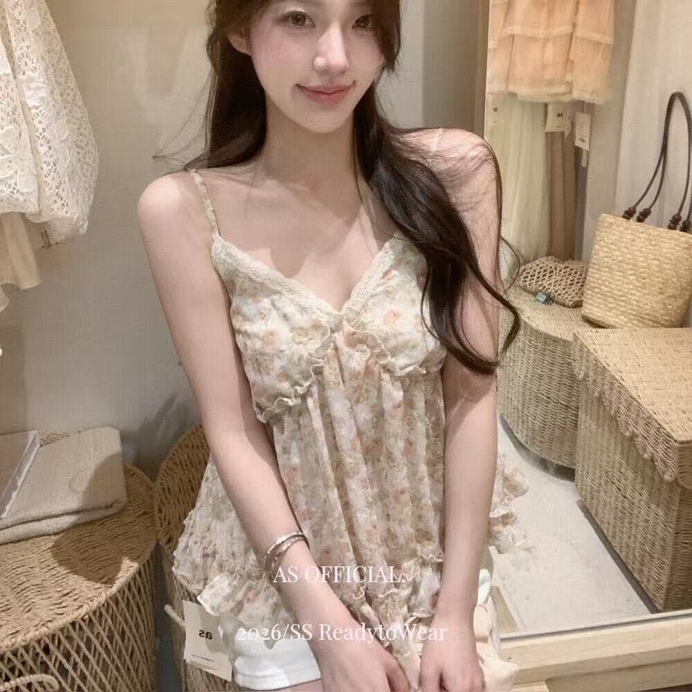 품격 달콤함 작은 청신 꽃무늬 디자인 센스 레이스 레이스 패치워크 맨위 쉬폰 캐미솔 상세 이미지 1