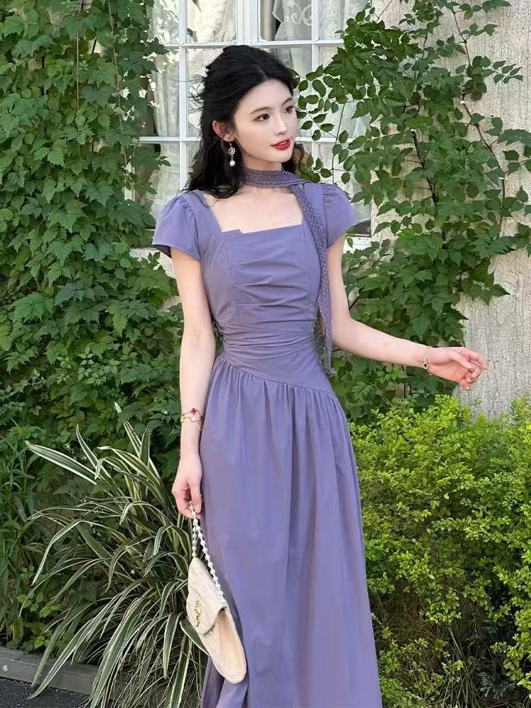 2026 새로운 보라색 프랑스식 여성 드레스 여름 새로운 허리 수축 슬림해 보이는 품격 고급 센스 롱 스커트 상세 이미지 5