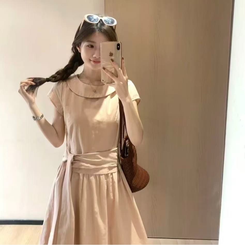 한 11 이중층 불 투수 레이스업 반소매 조끼 롱 스커트 여성 여름 새로운 캐주얼 허리 수축 품격 드레스 이미지 5