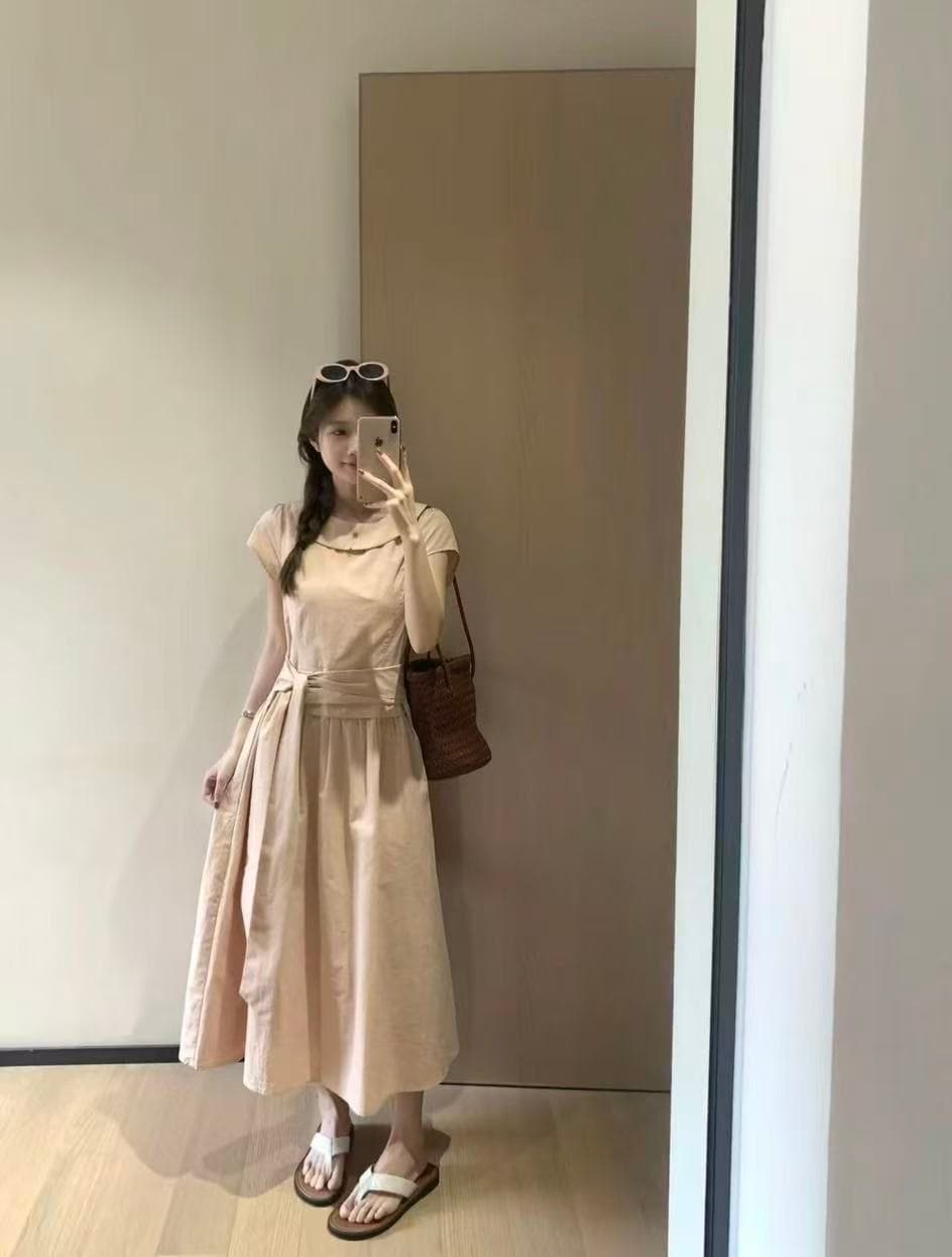 한 11 이중층 불 투수 레이스업 반소매 조끼 롱 스커트 여성 여름 새로운 캐주얼 허리 수축 품격 드레스 상세 이미지 2