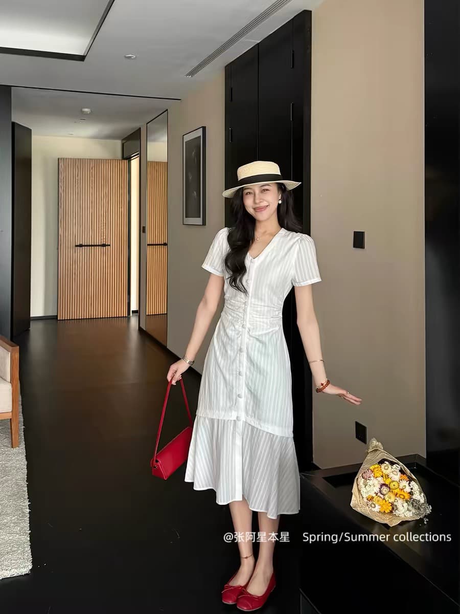 장 A 스타 흰 치마 남자 여름 프랑스식 낭만주의 바람 V넥 프릴 치마 품격 슬림해 보이는 허리 수축 드레스 이미지 4