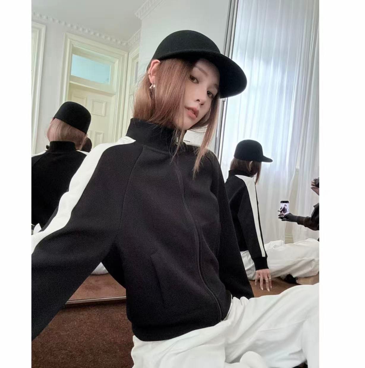2026 새로운 아메리칸 배색 라인 스탠드 칼라 오픈 가디건 캐주얼 후드티 여성 상세 이미지 2
