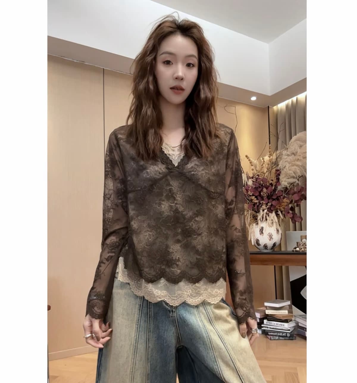 장미 자카드 레이스 셔츠 2026 이른 가을 새로운 다용도 긴팔 티셔츠 맨위 이미지 5