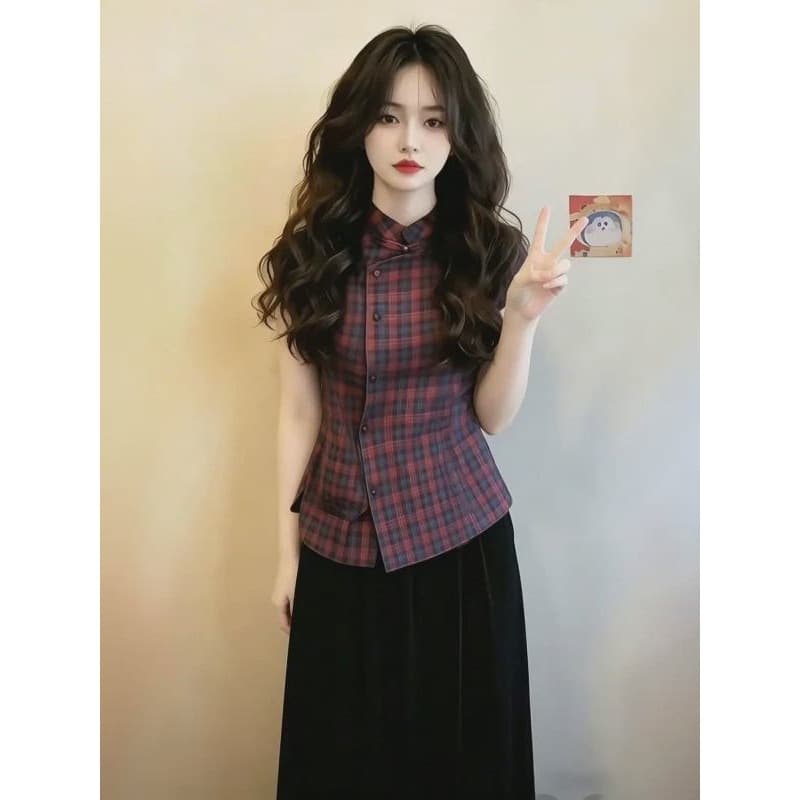 새로운 중식 레트로 체크무늬 반팔 셔츠 여자 2026 여름 새로운 디자인 센스 작은 대중 품격 슬림해 보이는 맨위 상세 이미지 5