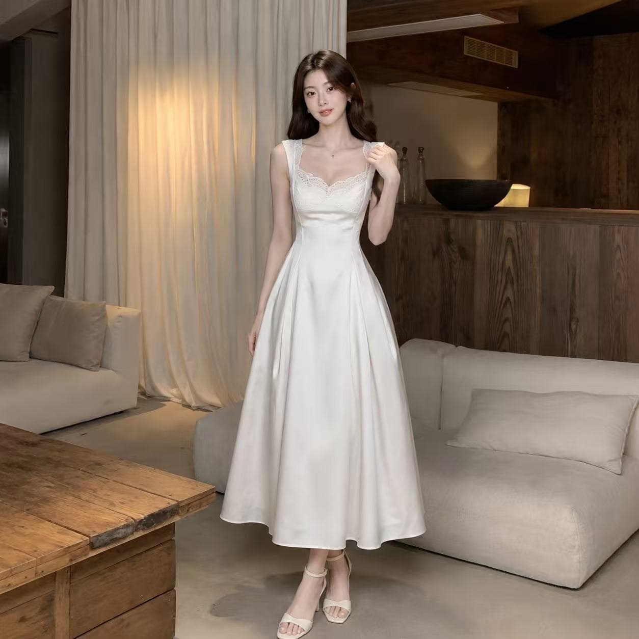 하나부터 순간 화이트 후아 우아함 품격 광장 칼라 레이스 레이스 슬립 드레스 스트랩 허리 수축 슬림해 보이는 치마 이미지 3
