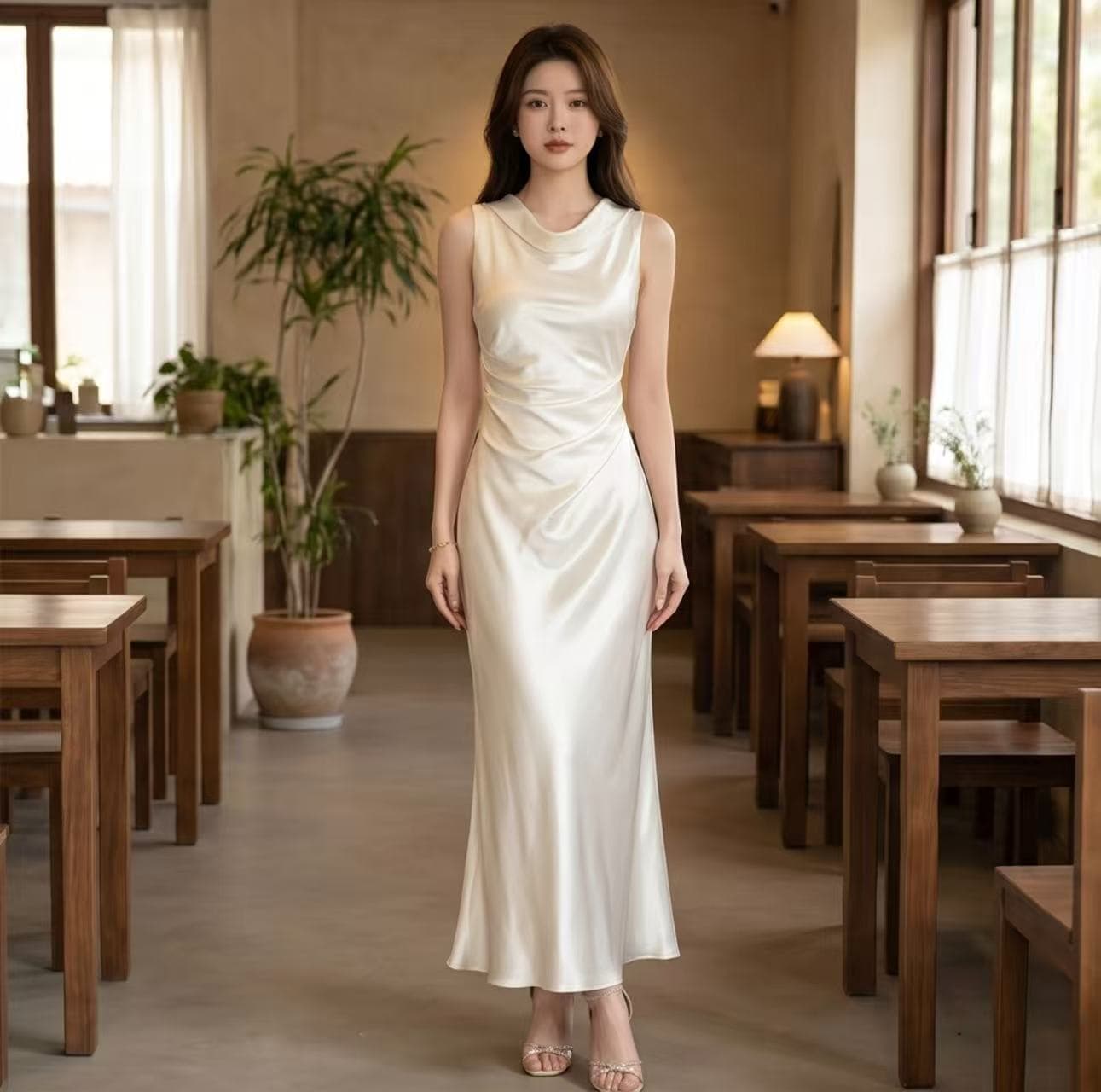 하나부터 순간 달 공단 빛 럭셔리 흔들다 칼라 품격 드레스 백리스 리본 디자인 허리 수축 슬림해 보이는 인어 꼬리 스커트 이미지 2