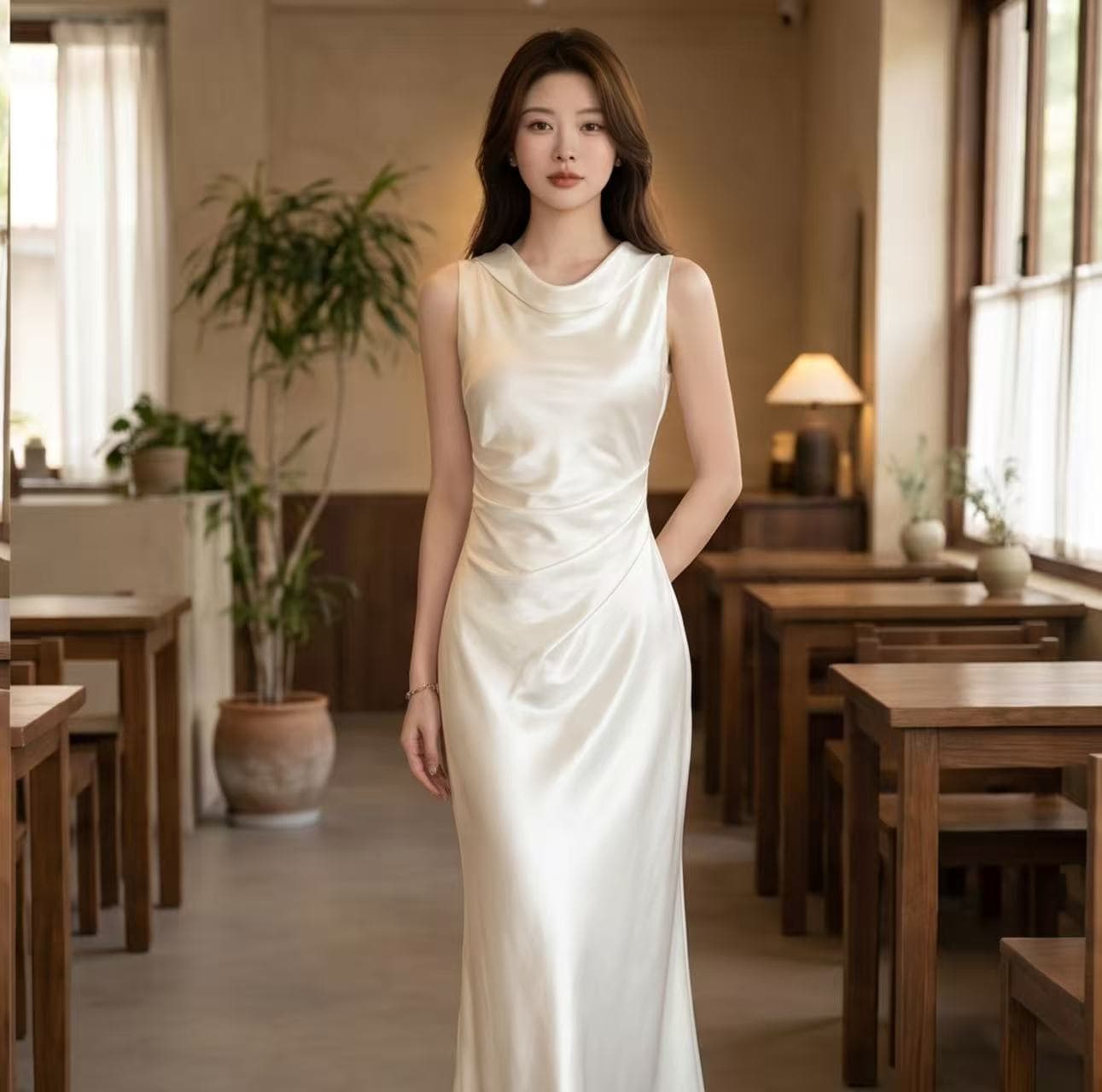 하나부터 순간 달 공단 빛 럭셔리 흔들다 칼라 품격 드레스 백리스 리본 디자인 허리 수축 슬림해 보이는 인어 꼬리 스커트 상세 이미지 4