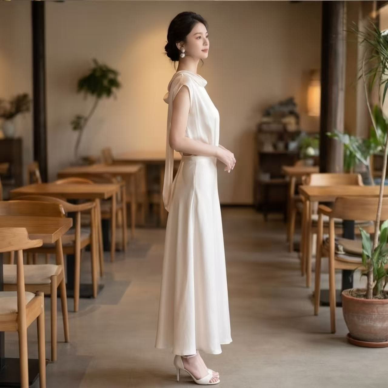 하나부터 순간 우아함 품격 새틴 리본 드레스 느긋한 고급 명문 여성 바람 하이웨이스트 한 마디 슬림해 보이는 롱 스커트 이미지 4
