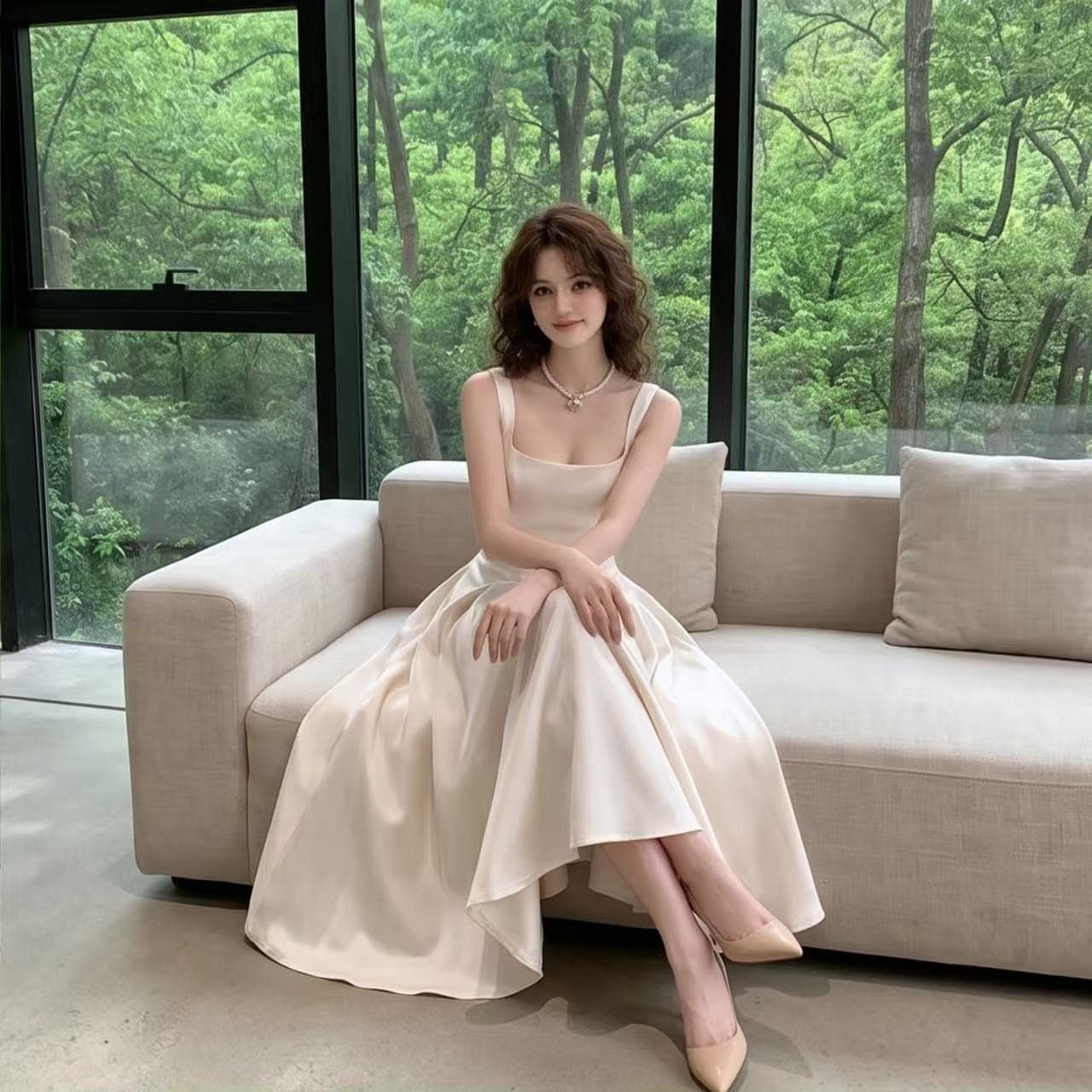 하나부터 순간 작성자 빛 프랑스식 광장 칼라 질감 드레스 부드러운 품격 몸매 가꾸기 슬림해 보이는 한 마디 빅 플레어 스커트 상세 이미지 6