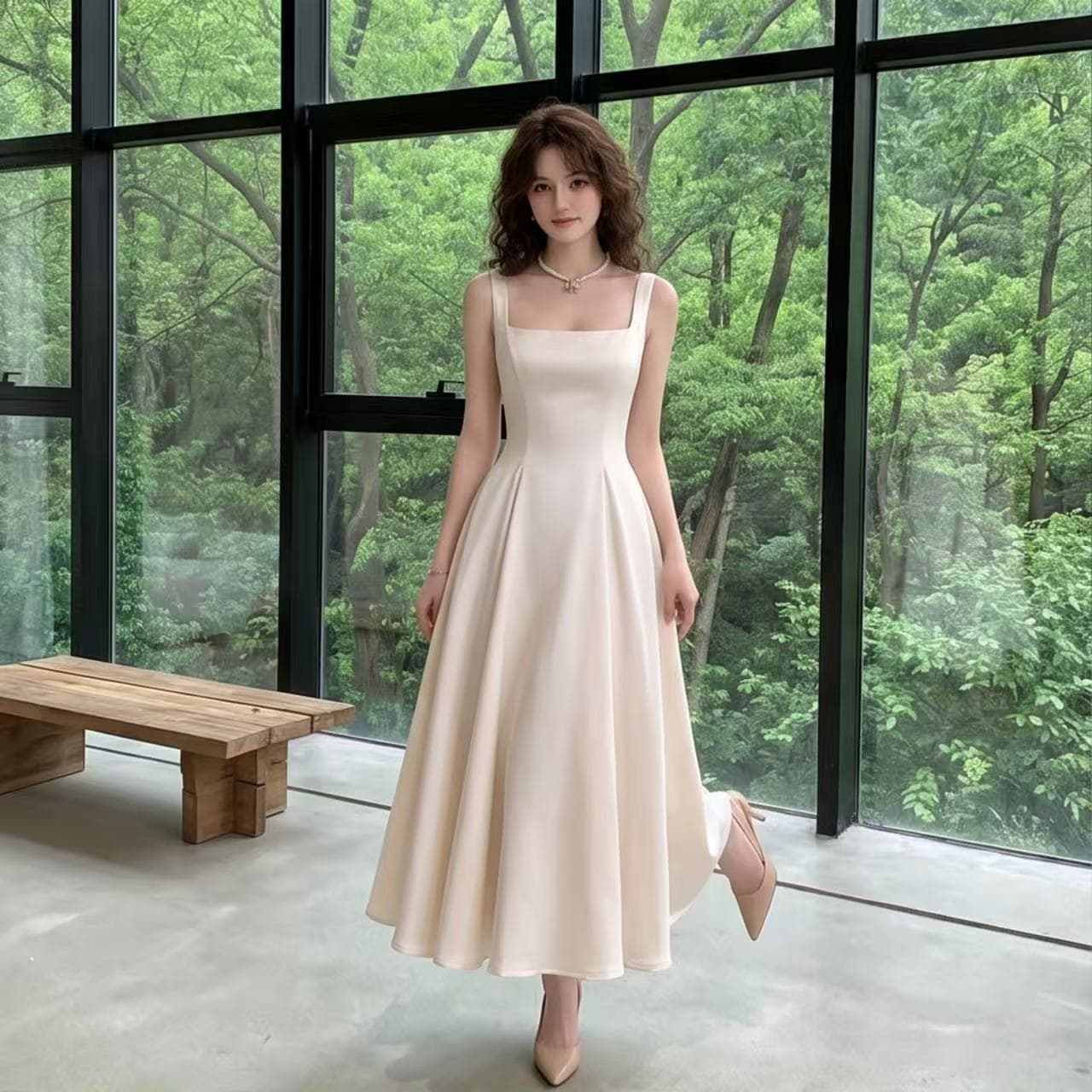 하나부터 순간 작성자 빛 프랑스식 광장 칼라 질감 드레스 부드러운 품격 몸매 가꾸기 슬림해 보이는 한 마디 빅 플레어 스커트 상세 이미지 7
