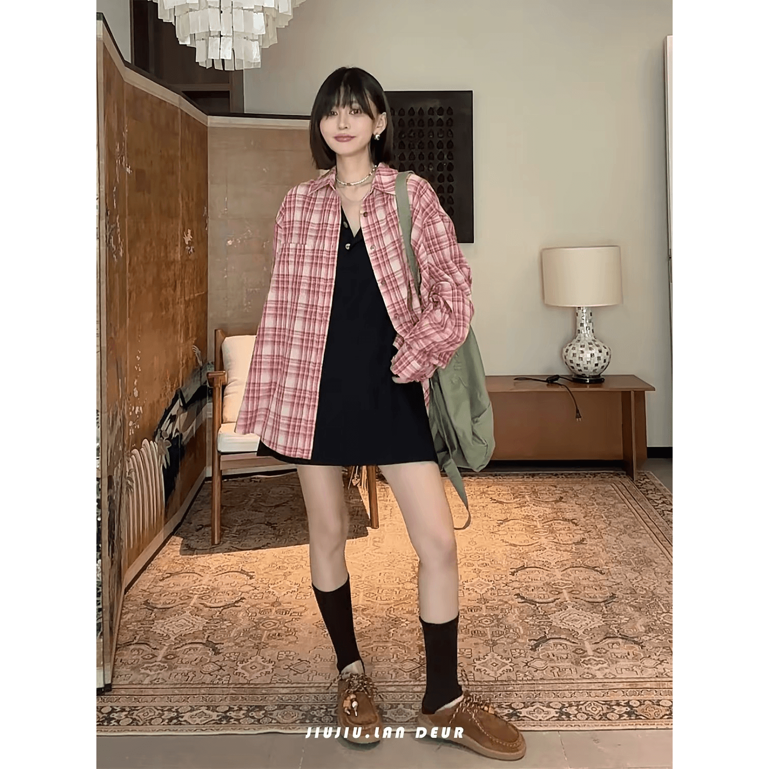 느슨함 센스 한 부서 루즈핏 캐주얼 느긋한 체크무늬 긴팔 여성 셔츠 이미지 5