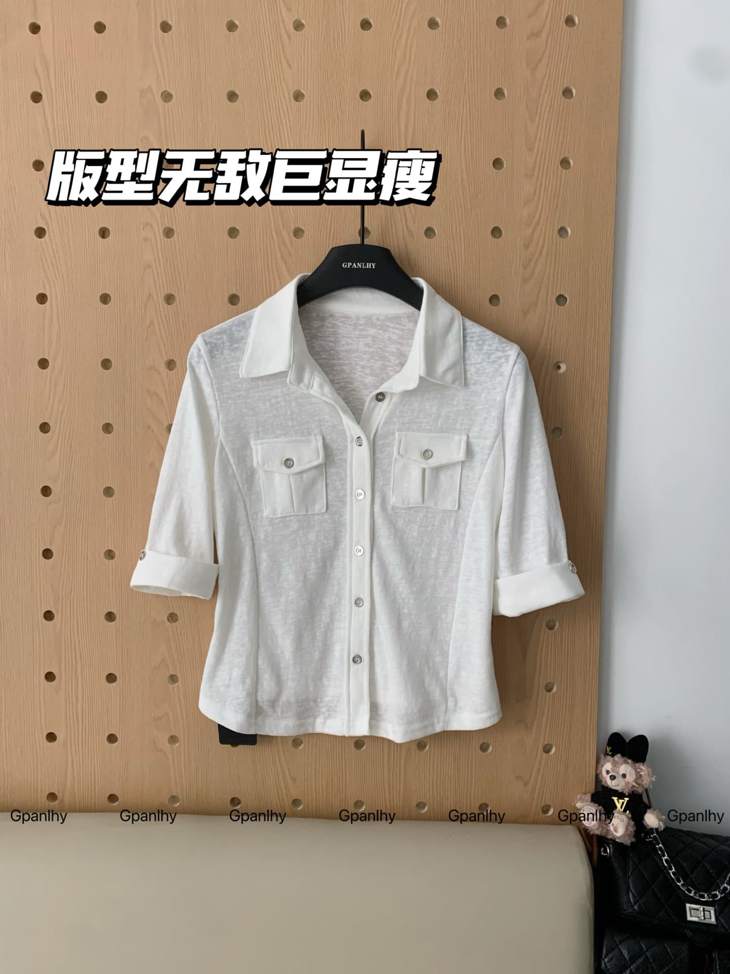 yolo shop 핫걸 주간 접시 니트 반팔 신축성 워크웨어 여성 셔츠 화이트 POLO 칼라 다용도 맨위 이미지 3