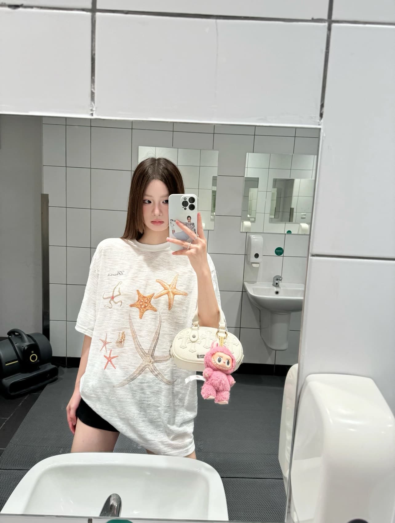 jennie 장 원 영어 같은 단락 눈꽃 면 불가사리 프린트 반팔 t 자외선 차단 얇은 스타일 루즈핏 느긋한 맨위 이미지 3