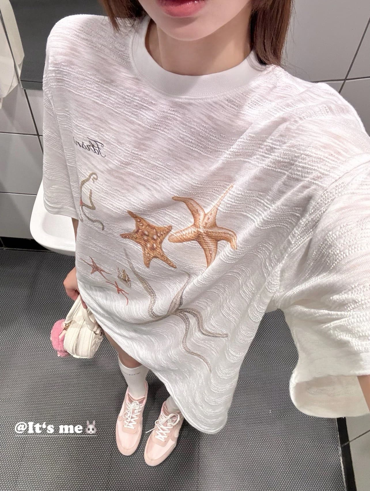 jennie 장 원 영어 같은 단락 눈꽃 면 불가사리 프린트 반팔 t 자외선 차단 얇은 스타일 루즈핏 느긋한 맨위 이미지 4