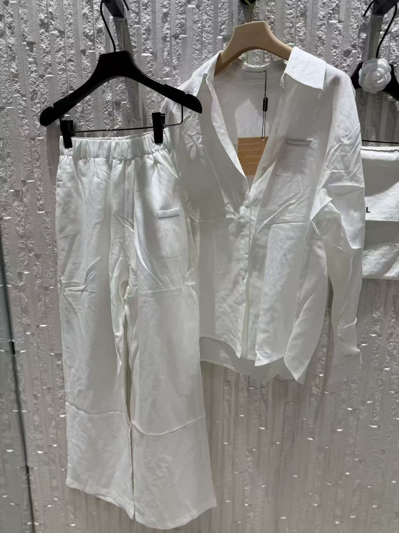 봄 가을 새로운 알파벳 막대기 표준 면 린넨 셔츠 루즈핏 캐주얼 바지 투피스 세트 세트 상세 이미지 1