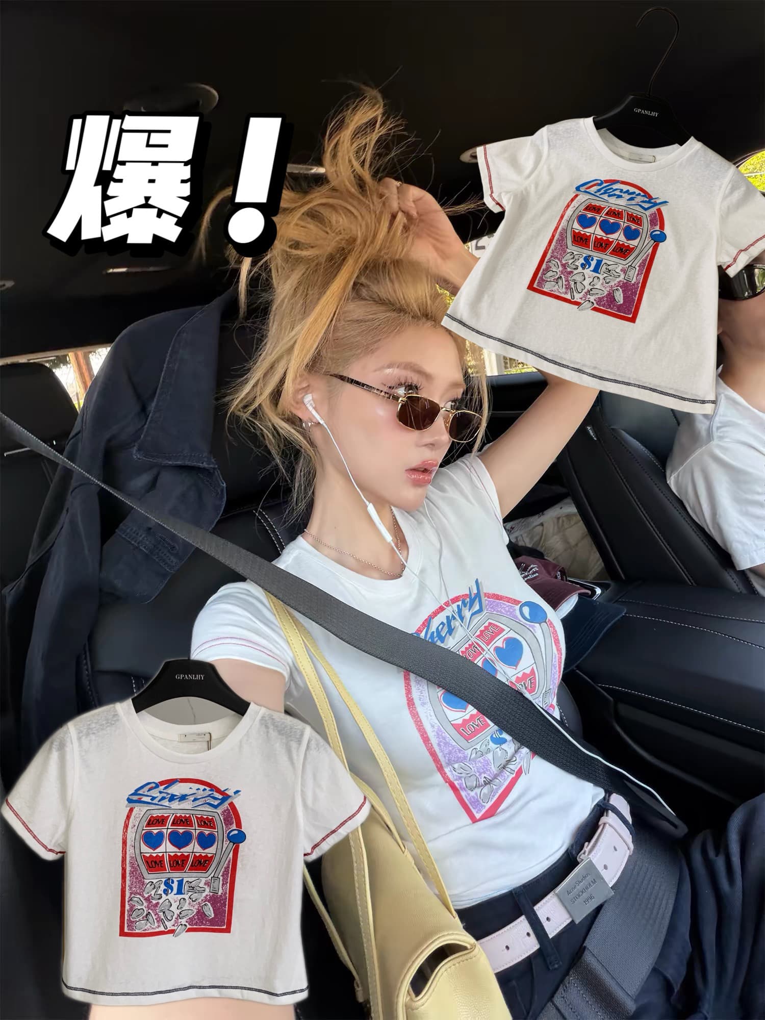 치우 고기 야오 nana 같은 단락 cherry 레트로 아메리칸 프린트 티셔츠 여성 여름 다용도 품격 맨위