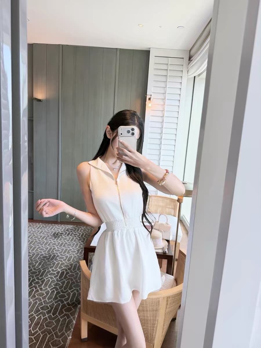 kubiliv1 p 작은 대중 오래된 돈 화이트 폴로 칼라 플리츠 민소매 여성 드레스 허리 수축 슬림해 보이는 A라인 스커트 이미지 3